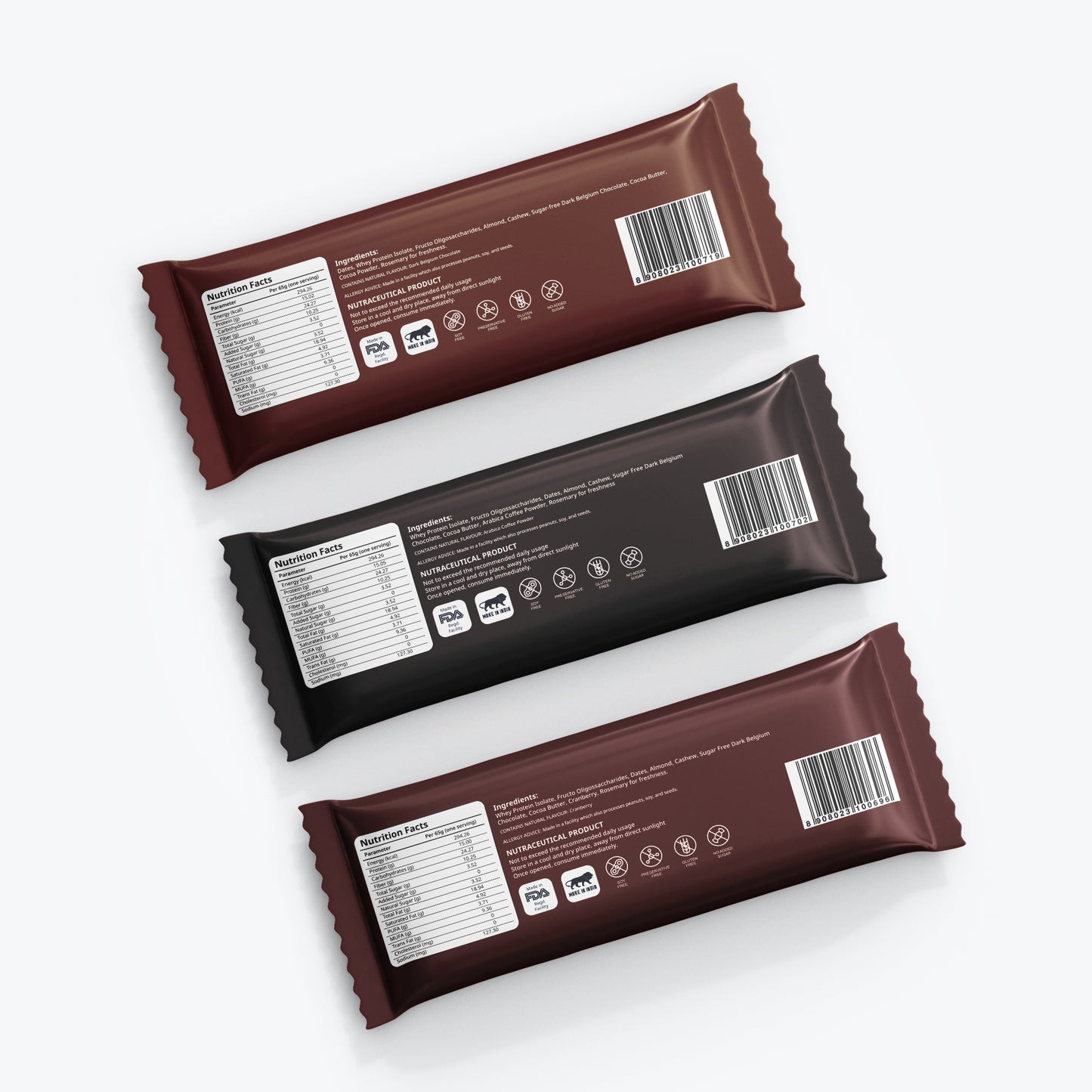 Protein Bars : Belgium Chocolate, Cranberry, Arabica Coffee - Each 65 gm(pack of 3)