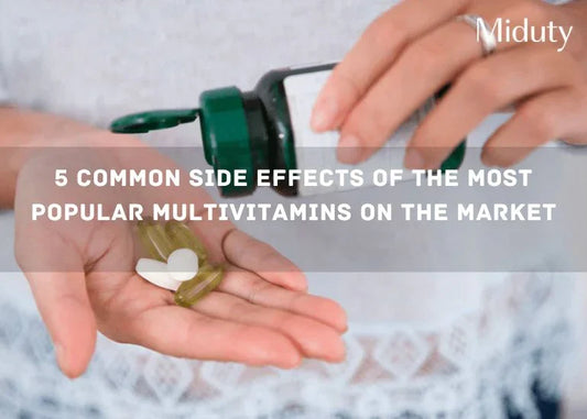 Person holding multivitamins in one hand while pouring from a bottle in the other hand
