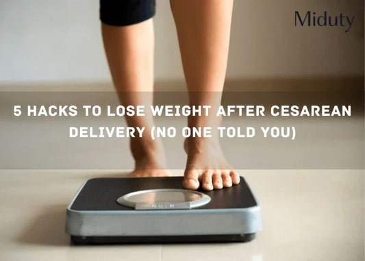 Person standing on a weighing scale with text overlay about weight loss tips after cesarean delivery.