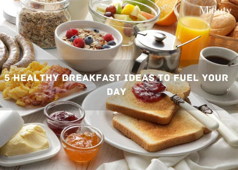 A spread of healthy breakfast items including toast, fruits, oats, and beverages.