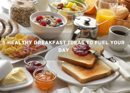 A spread of healthy breakfast items including toast, fruits, oats, and beverages.