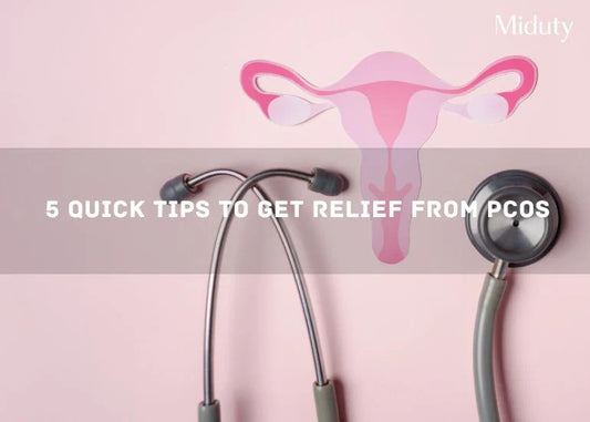 Stethoscope and uterus illustration with text overlay on a pink background