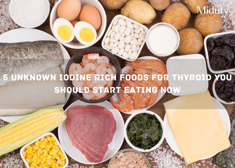 Assorted iodine-rich foods including fish, eggs, seafood, meats, and vegetables on a table.