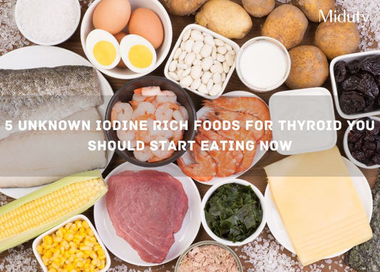 Assorted iodine-rich foods including fish, eggs, seafood, meats, and vegetables on a table.