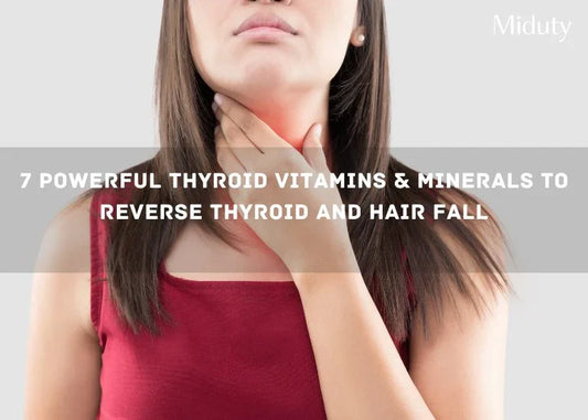 Woman touching her neck with a concerned expression, text overlay about thyroid vitamins and minerals