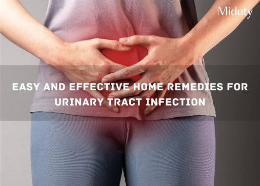 Person holding their abdomen, indicating discomfort, with text overlay about home remedies for UTI