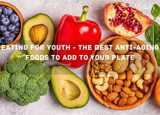 A variety of fresh fruits, vegetables, and nuts arranged on wooden bowls, emphasizing healthy eating.