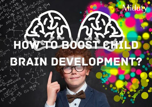 Child with curly hair and glasses, thinking with brain graphics and colorful background.