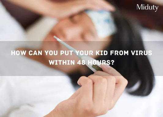 Child holding a thermometer with a worried expression while lying in bed