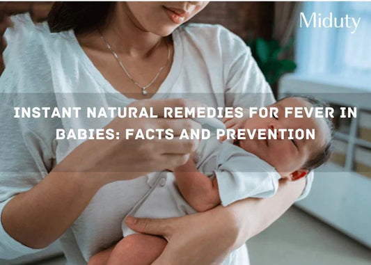 Parent holding a baby, administering care, with text overlay about fever remedies for babies