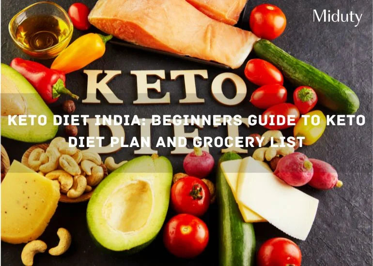 Ingredients for a keto diet including vegetables, nuts, cheese, and fish on a dark surface