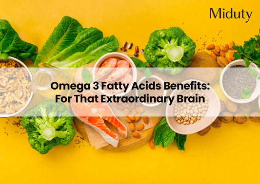 Fresh ingredients for Omega 3 fatty acids including vegetables, nuts, and seafood on a yellow background.