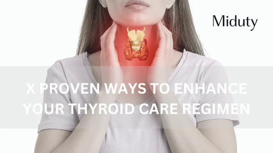 Woman holding her throat with a thyroid illustration in background