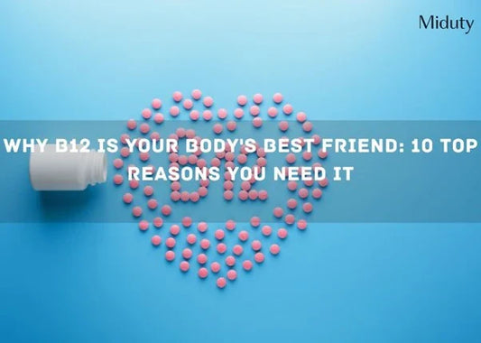 Pink B12 pills arranged in a heart shape next to a pill bottle on a blue background.