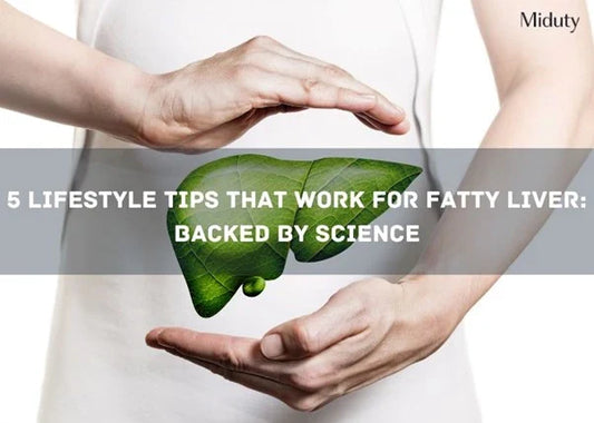 Hands holding a green leaf symbolizing liver health with text overlay about lifestyle tips for fatty liver.