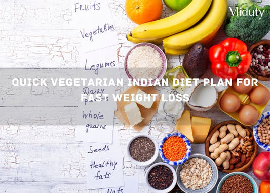 Fruits, vegetables, legumes, and grains arranged with labeled categories for a vegetarian diet plan