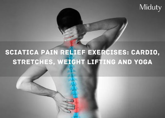 A person holding their back in pain with a visual representation of the spine highlighted in red and blue.