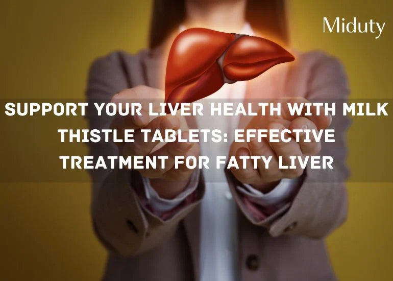 Person holding a model of a liver with text about milk thistle tablets for liver health