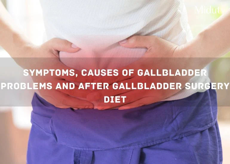 Person holding their stomach with discomfort, referencing gallbladder issues and diet