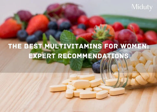 Assorted fruits with multivitamin tablets spilled from a jar on a wooden surface