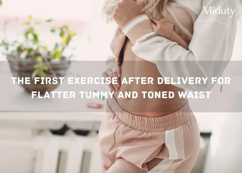 Woman in sportswear showing her midsection, promoting post-delivery exercise tips.