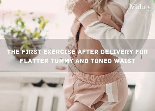 Woman in sportswear showing her midsection, promoting post-delivery exercise tips.