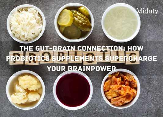 Bowls of probiotic-rich foods like sauerkraut, kimchi, and pickles arranged with wooden letters spelling 'PROBIOTICS'.