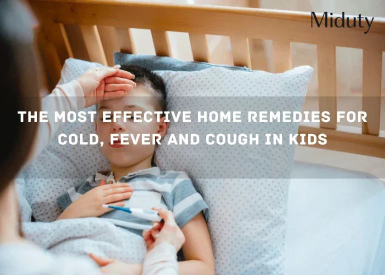 Child resting in bed with a soothing hand on their forehead, emphasizing home remedy care