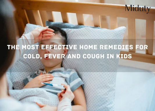 Child resting in bed with a soothing hand on their forehead, emphasizing home remedy care