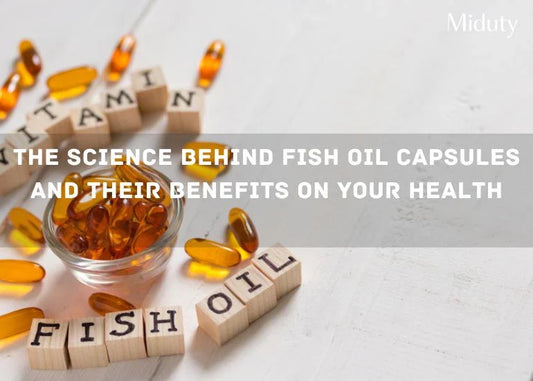 Fish oil capsules and wooden blocks spelling 'Vitamin' and 'Fish Oil' on a light background.