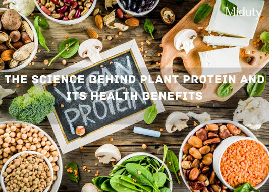 Variety of plant-based foods including nuts, beans, and vegetables with a chalkboard sign reading 'Plant Protein'