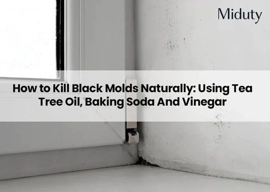 Mold growth in the corner of a window frame with a title overlay about natural mold removal methods.