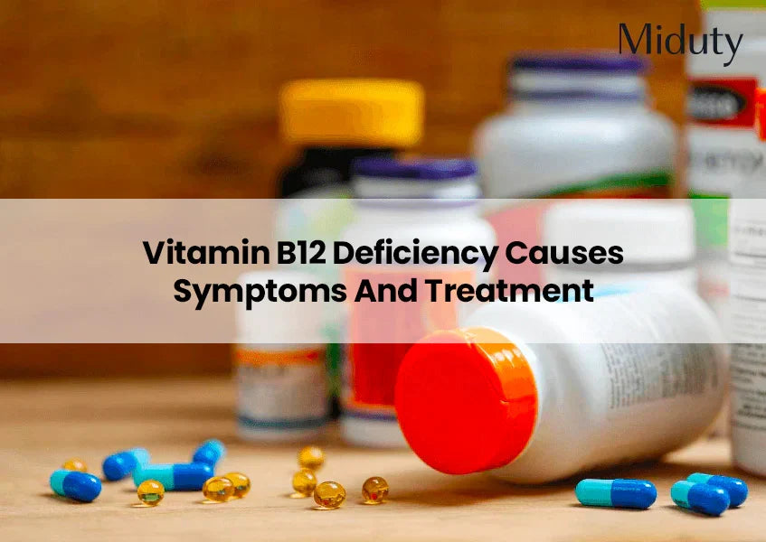 Bottles of vitamin B12 supplements and colored capsules on a wooden surface