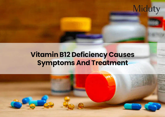 Bottles of vitamin B12 supplements and colored capsules on a wooden surface