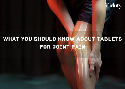 Person holding their knee in pain with text overlay about joint pain tablets