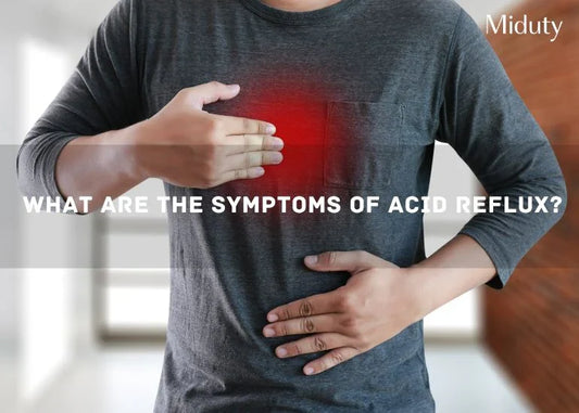 Person holding their stomach indicating discomfort, with text overlay about acid reflux symptoms