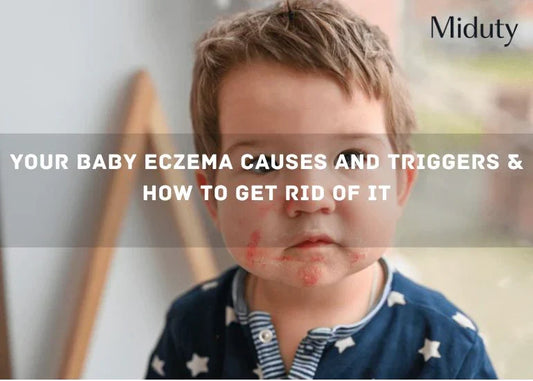 Child with eczema on face, looking slightly distressed.
