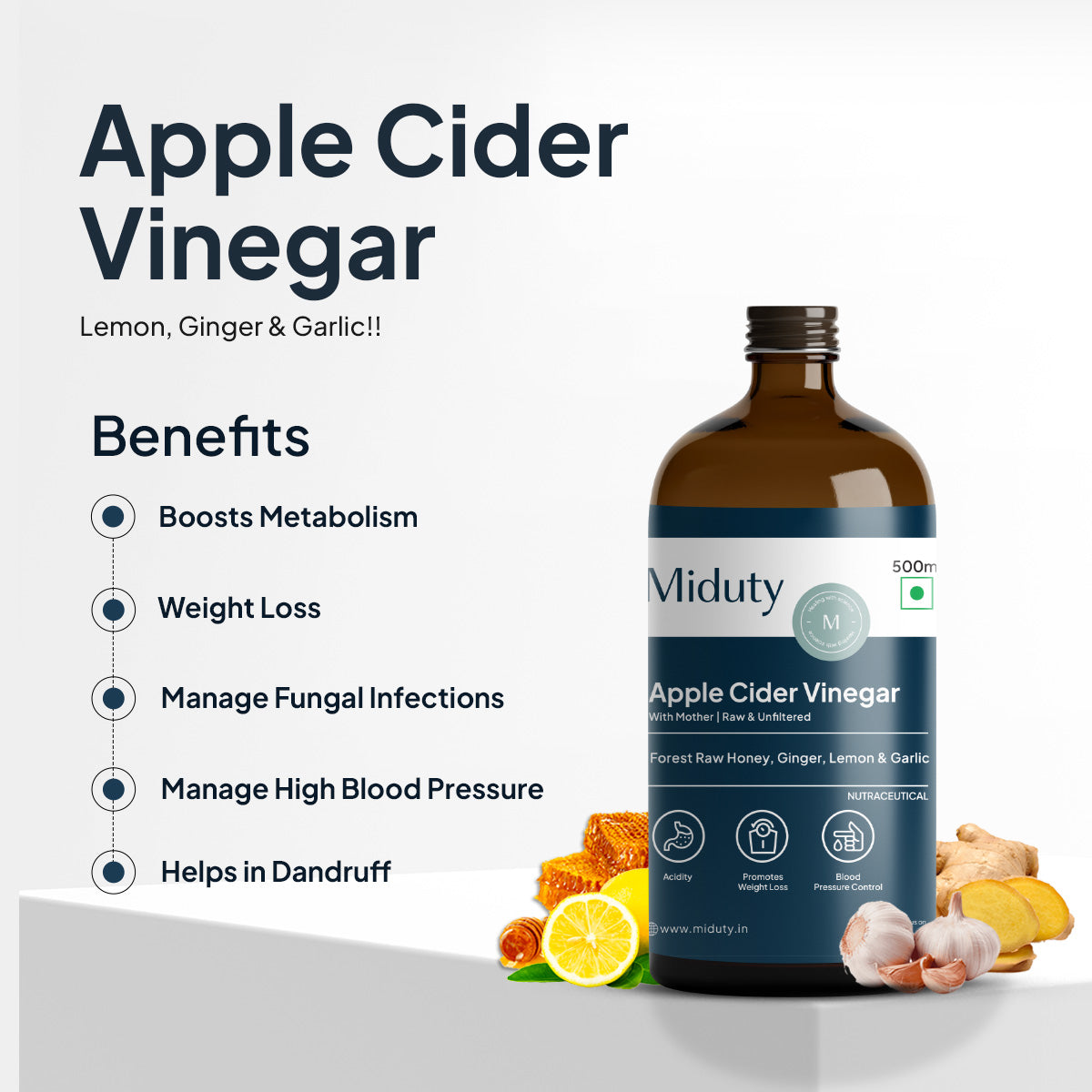 Apple Cider Vinegar- Forest Raw Honey, Lemon, Garlic & Ginger - Miduty