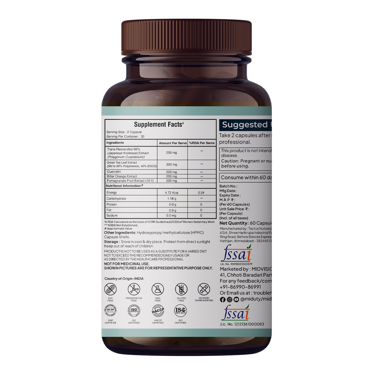 Smart Aging | Trans-Resveratrol 99% | Antioxidant Supplement for Skin - 60 Capsules