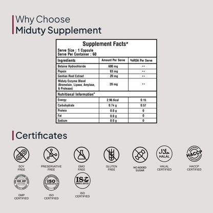 Betaine HCL+ Pepsin - Miduty